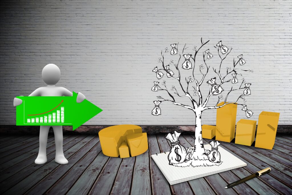 3D figure holding a green arrow with a growth chart, next to a sketch of a money tree and pie chart — concept of investment growth